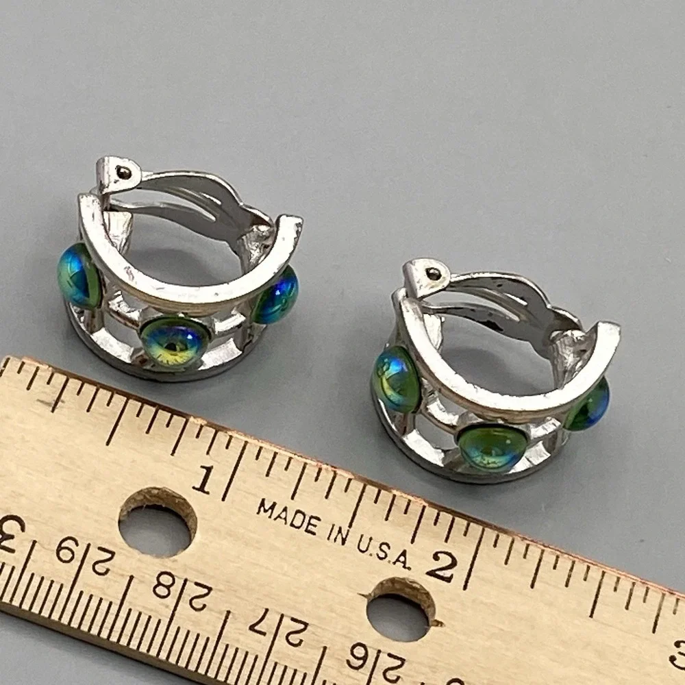 Givenchy Silver Tone Hoop Clip Earrings Vintage Iridescent Art‎ Glass Huggie